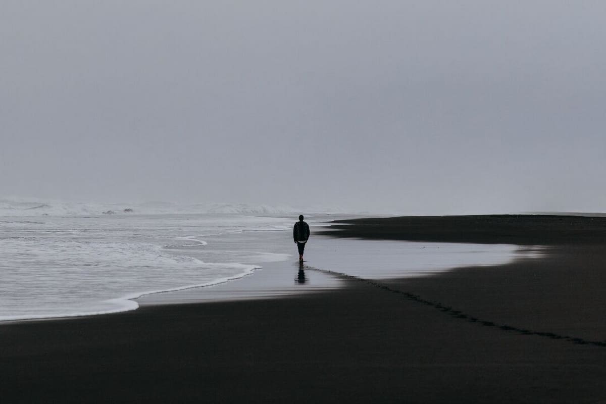 Одиноко гуляет по пляжу